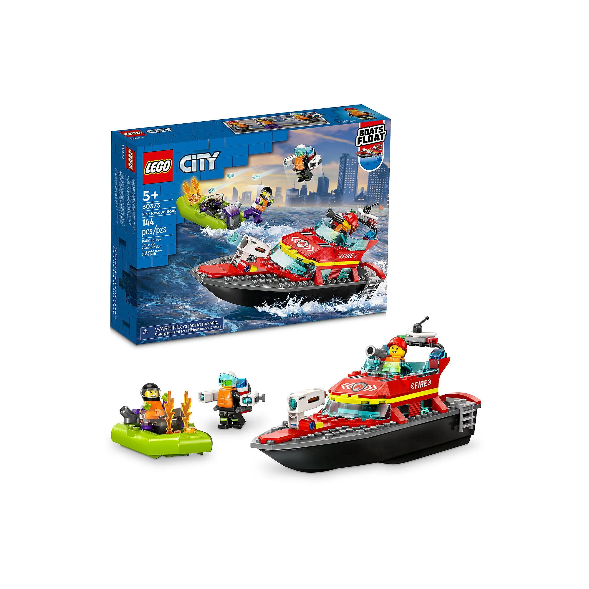 LEGO 6425835 City Fire Rescue Boat 60373 Toy Boat that Floats on Water for Imagination Play, Building Toy