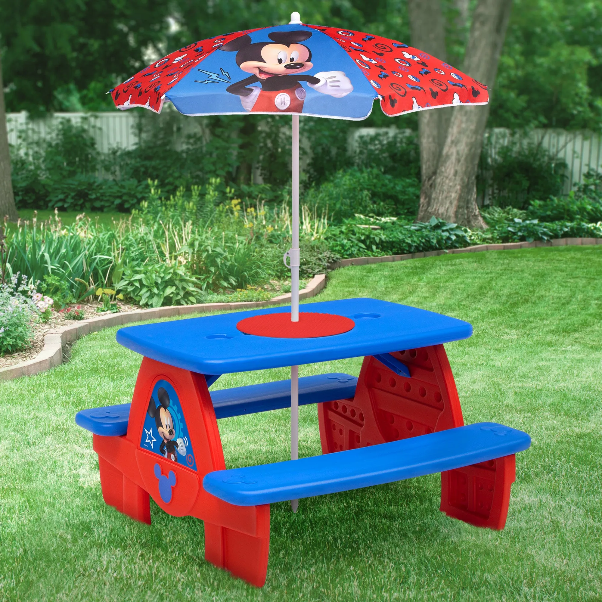 Mickey Mouse 4 Seat Activity Picnic Table with Umbrella and LEGO Compatible Tabletop