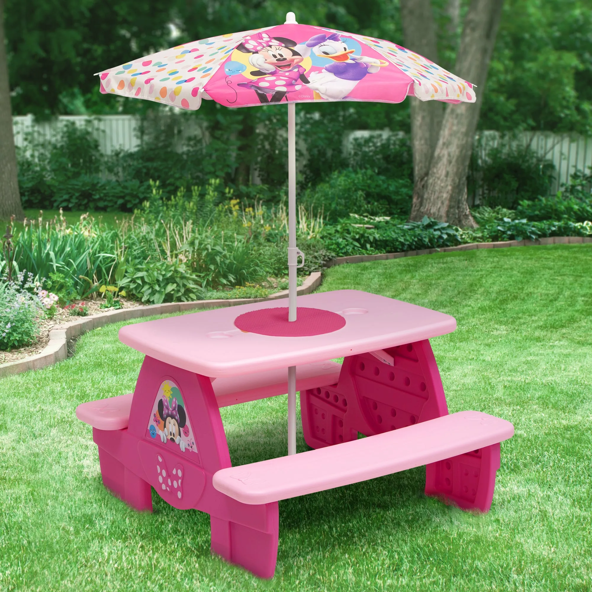 Minnie Mouse 4 Seat Activity Picnic Table with Umbrella and LEGO Compatible Tabletop