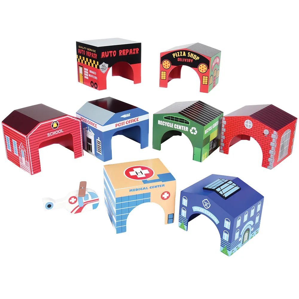 Wooden Community Buildings & Helicopter Set | 9-Piece Unit Blocks Play Set