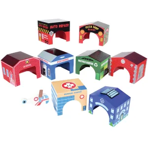 Wooden Community Buildings & Helicopter Set | 9-Piece Unit Blocks Play Set